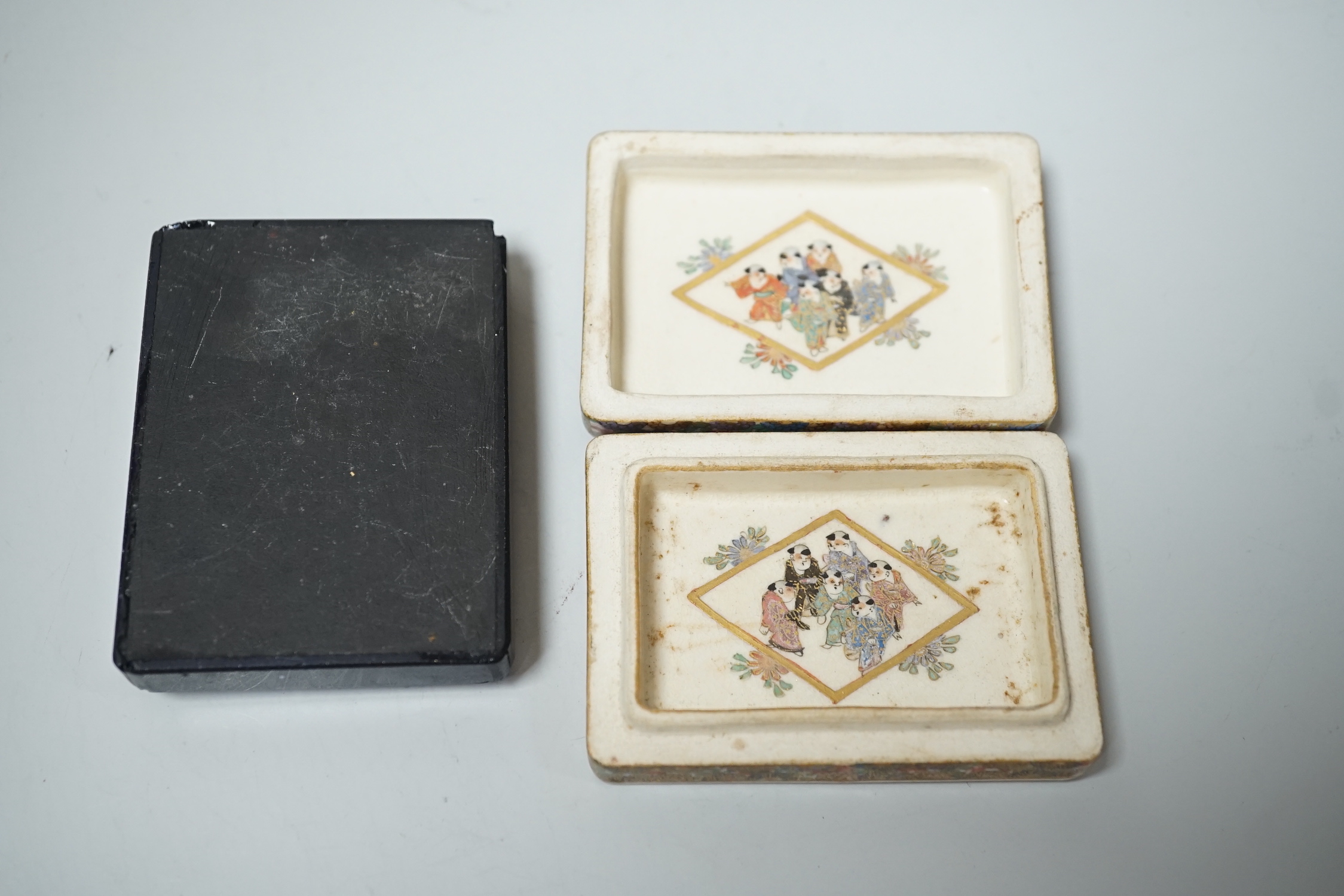 A small Japanese signed Satsuma export dish and cover, of rectangular form, together with a micro-mosaic and inlaid slate desk weight (2) 6.5 x 4.5cm